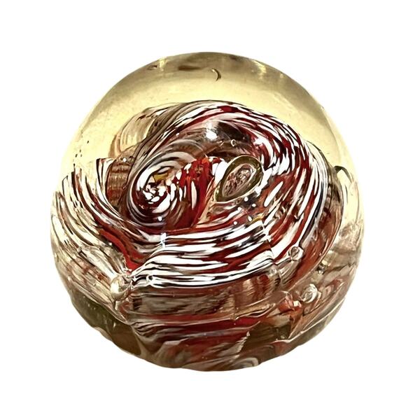 Hand Blown Glass Paperweight Ball Ribbon Candy Art Spiral Red White Blue 2.5" - Picture 1 of 4